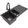 Mexen Andres granitový dřez 1,5-komorový s odkapávačem a kuchyňskou baterií Elia, černý s tečkami - 6515-76-670101-70