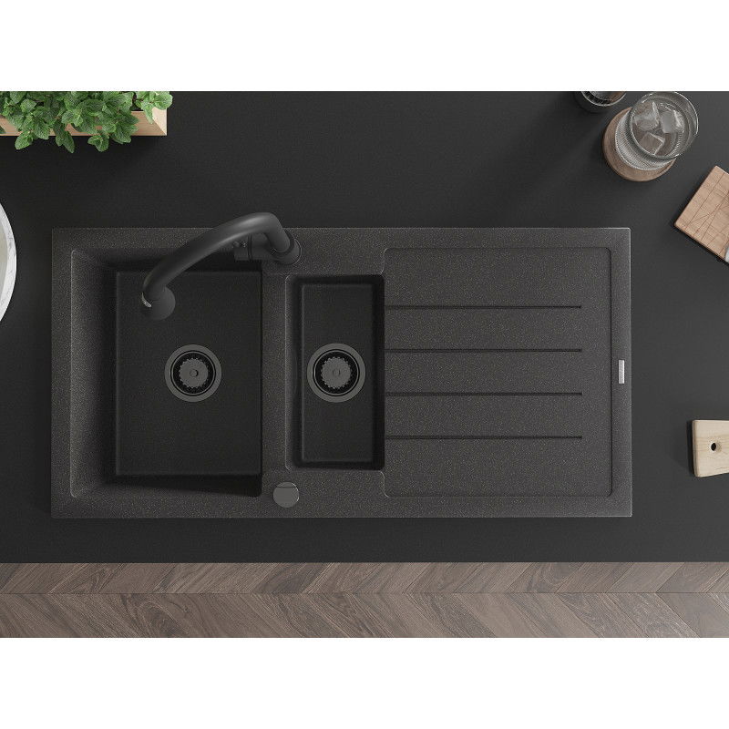 Mexen Andres žulový dřez 1,5-komorový s odkapávačem a kuchyňskou baterií Elia, černý skvrnitý - 6515-76-670101-70-B