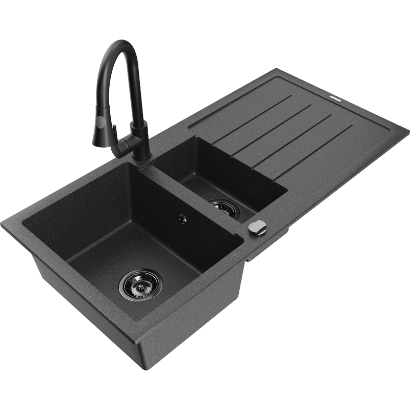 Mexen Andres žulový dřez 1,5-komorový s odkapávačem a kuchyňskou baterií Elia, černý skvrnitý - 6515-76-670101-70-B