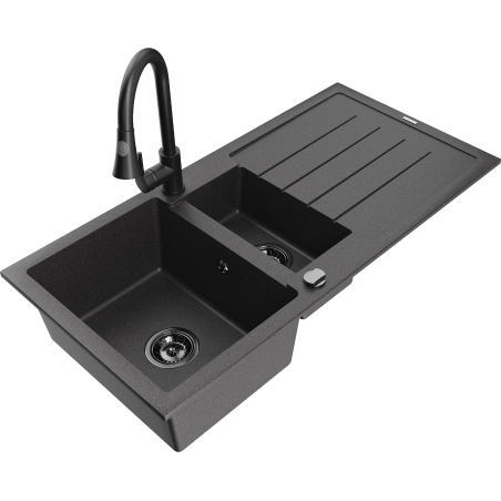 Mexen Andres žulový dřez 1,5-komorový s odkapávačem a kuchyňskou baterií Elia, černý skvrnitý - 6515-76-670101-70-B