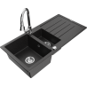 Mexen Andres granitový dřez 1,5-komorový s odkapávačem a kuchyňskou baterií Elia, černý/stříbrný metalický - 6515-73-670101-00