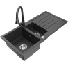 Mexen Andres granitový dřez 1,5-komorový s odkapávačem a kuchyňskou baterií Elia, černý s tečkovaným vzorem - 6515-76-670101-76