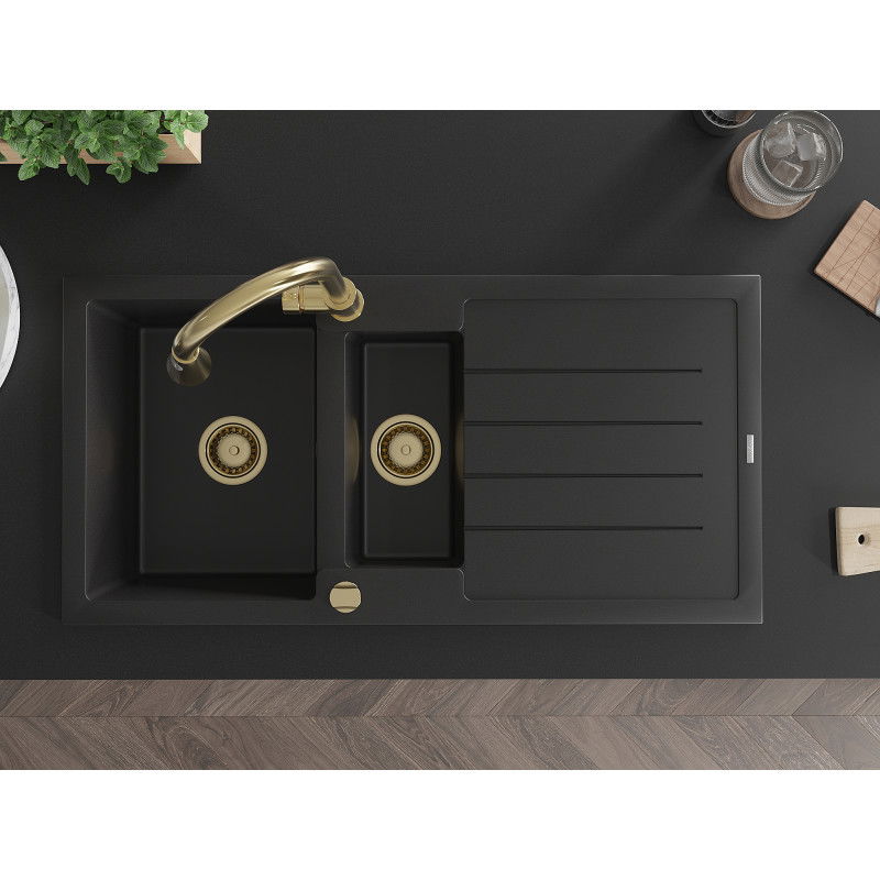 Mexen Andres granitový dřez 1,5-komorový s odkapávačem a kuchyňskou baterií Elia, černý - 6515-77-670101-50