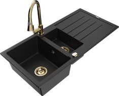 Mexen Andres granitový dřez 1,5-komorový s odkapávačem a kuchyňskou baterií Elia, černý - 6515-77-670101-50