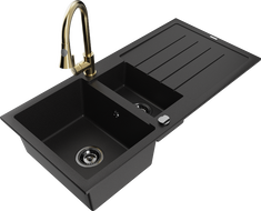 Mexen Andres granitový dřez 1,5-komorový s odkapávačem a kuchyňskou baterií Elia, černý - 6515-77-670101-50-B