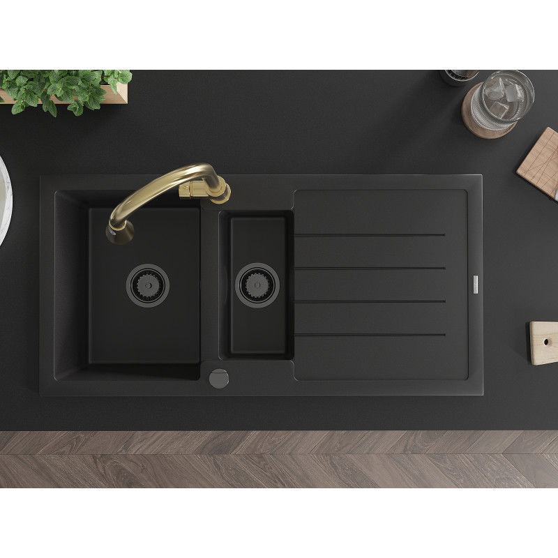 Mexen Andres granitový dřez 1,5-komorový s odkapávačem a kuchyňskou baterií Elia, černý - 6515-77-670101-50-B