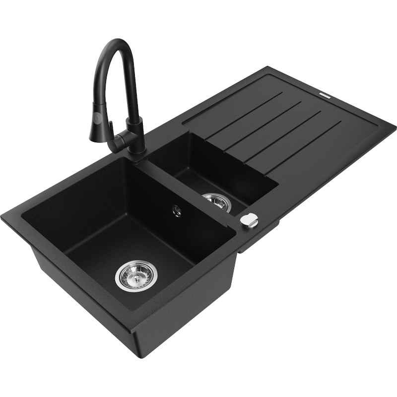 Mexen Andres granitový dřez 1,5-komorový s odkapávačem a kuchyňskou baterií Elia, černý - 6515-77-670101-70