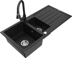 Mexen Andres granitový dřez 1,5-komorový s odkapávačem a kuchyňskou baterií Elia, černý - 6515-77-670101-70