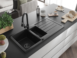 Mexen Andres žulový dřez 1,5-komorový s odkapávačem a kuchyňskou baterií Elia, černý - 6515-77-670101-70-B
