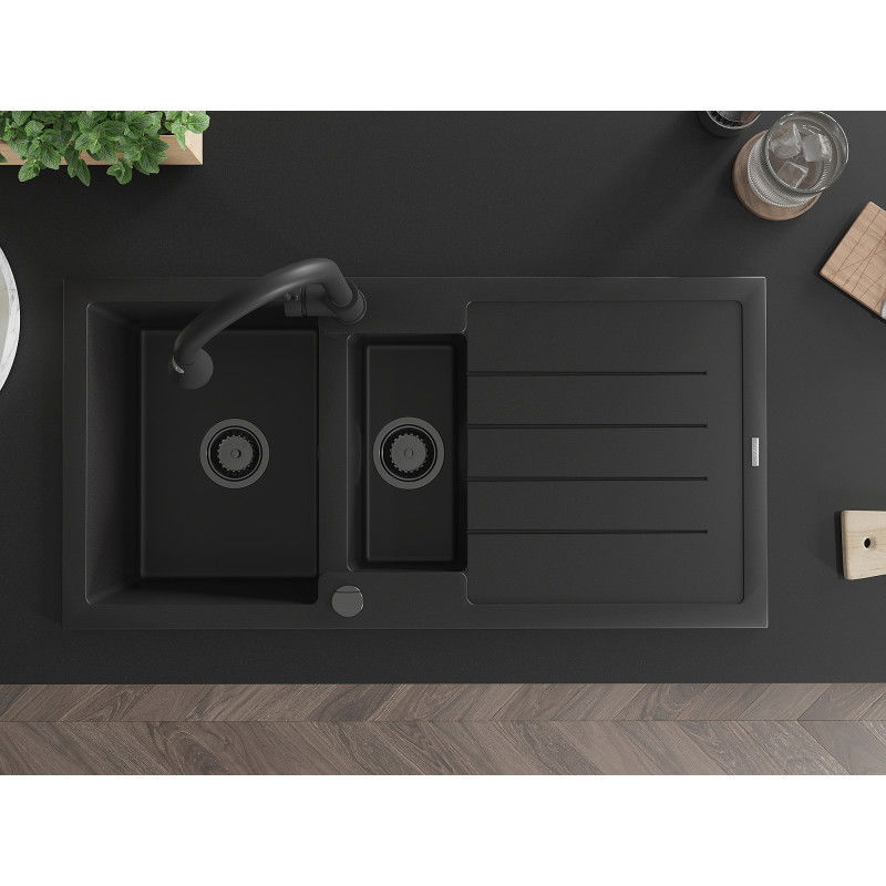 Mexen Andres žulový dřez 1,5-komorový s odkapávačem a kuchyňskou baterií Elia, černý - 6515-77-670101-70-B