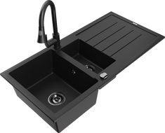 Mexen Andres žulový dřez 1,5-komorový s odkapávačem a kuchyňskou baterií Elia, černý - 6515-77-670101-70-B