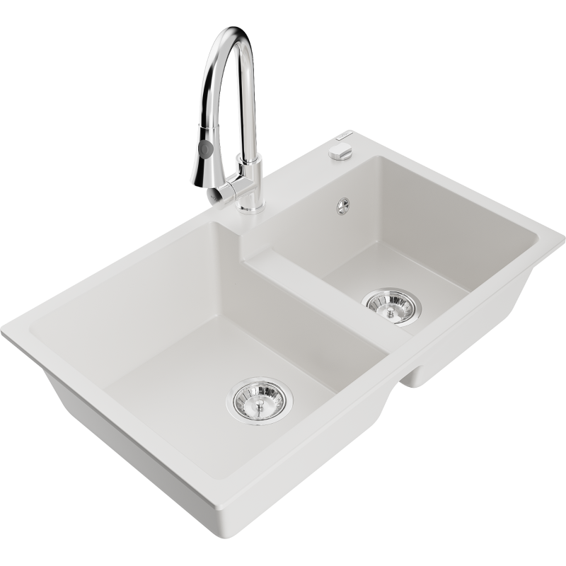 Mexen Tomas žulový dřez 2-komorový s kuchyňskou baterií Elia, bílý - 6516-20-670101-00