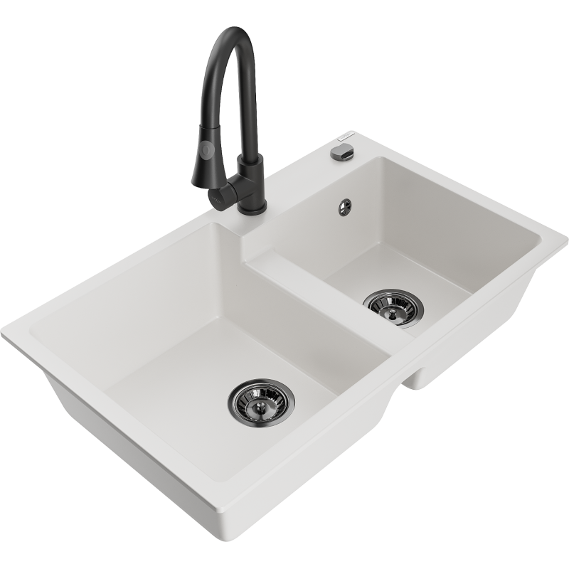 Mexen Tomas žulový dřez 2-komorový s kuchyňskou baterií Elia, bílý - 6516-20-670101-70