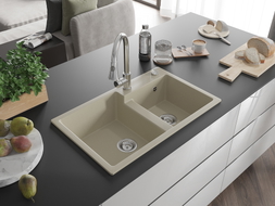 Mexen Tomas granitový dřez dvoukomorový s kuchyňskou baterií Elia, béžový - 6516-69-670101-00