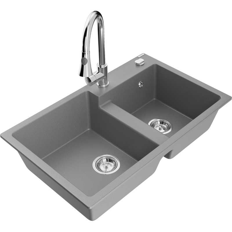 Mexen Tomas žulový dřez 2-komorový s kuchyňskou baterií Elia, šedý - 6516-71-670101-00