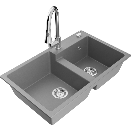 Mexen Tomas žulový dřez 2-komorový s kuchyňskou baterií Elia, šedý - 6516-71-670101-00