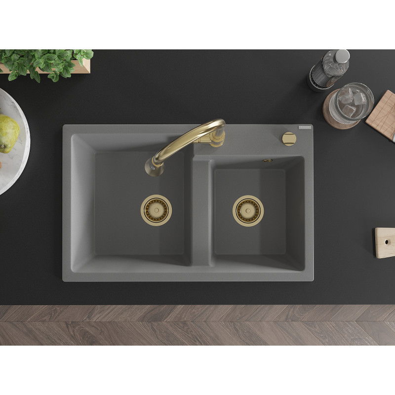 Mexen Tomas granitový dřez 2-komorový s kuchyňskou baterií Elia, šedý - 6516-71-670101-50