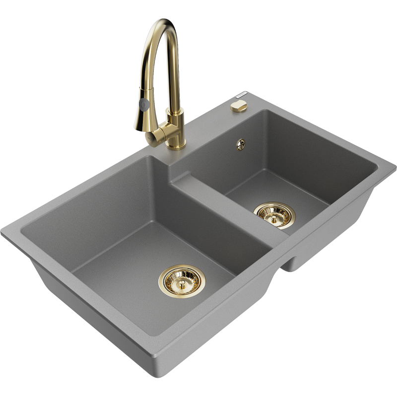 Mexen Tomas granitový dřez 2-komorový s kuchyňskou baterií Elia, šedý - 6516-71-670101-50