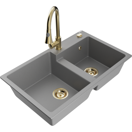 Mexen Tomas granitový dřez 2-komorový s kuchyňskou baterií Elia, šedý - 6516-71-670101-50