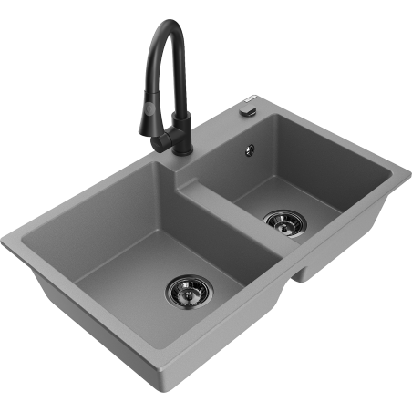 Mexen Tomas dřez granitový 2-komorový s kuchyňskou baterií Elia, šedý - 6516-71-670101-70-B
