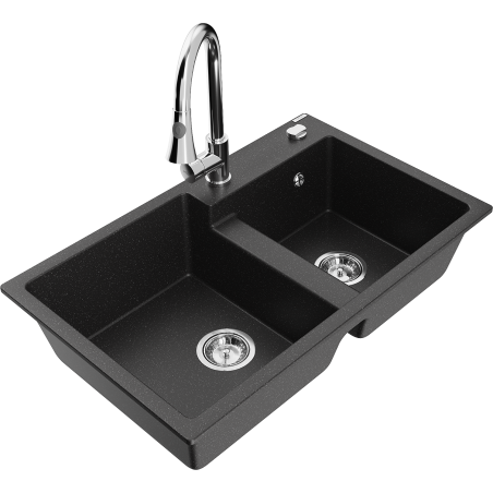 Mexen Tomas dvoukomorový žulový dřez s kuchyňskou baterií Elia, černý/stříbrný metalický - 6516-73-670101-00