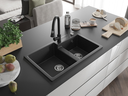 Mexen Tomas granitový dřez 2-komorový s kuchyňskou baterií Elia, černý/stříbrný metalik - 6516-73-670101-70