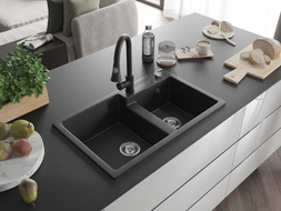 Mexen Tomas granitový dřez 2komorový s kuchyňskou baterií Elia, černý/stříbrný metalík - 6516-73-670101-70