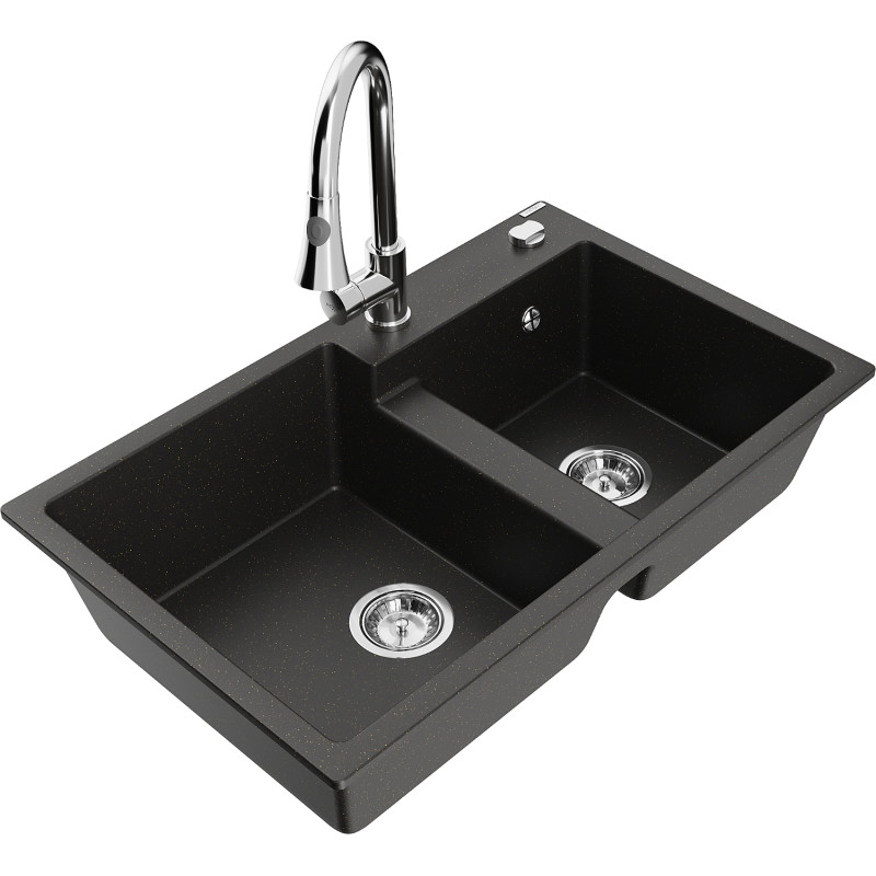 Mexen Tomas granitový dvoudřez s kuchyňskou baterií Elia, černý/zlatý metalík - 6516-75-670101-00