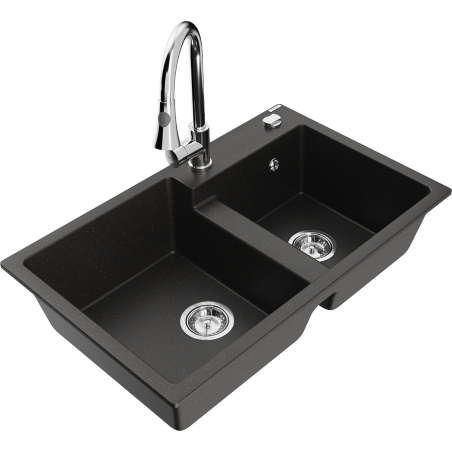 Mexen Tomas granitový dřez 2-komorový s kuchyňskou baterií Elia, černý/zlatý metalík - 6516-75-670101-00