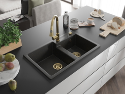Mexen Tomas žulový dřez s 2 komorami a kuchyňskou baterií Elia, černý/zlatý metalický - 6516-75-670101-50