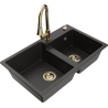 Mexen Tomas žulový dřez s 2 komorami a kuchyňskou baterií Elia, černý/zlatý metalický - 6516-75-670101-50