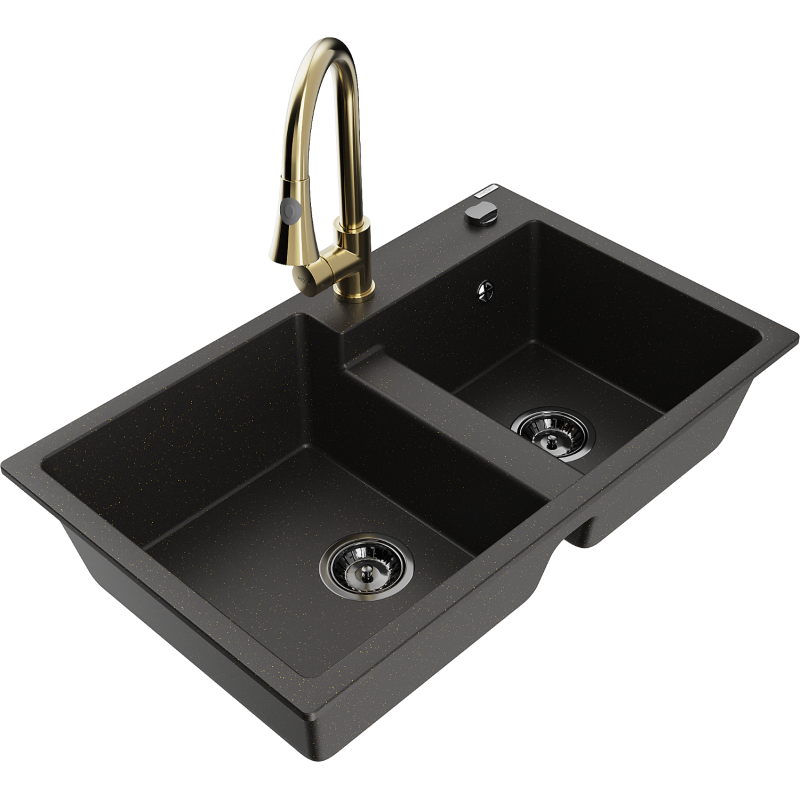 Mexen Tomas granitový dřez 2-komorový s kuchyňskou baterií Elia, černý/zlatý metalik - 6516-75-670101-50-B