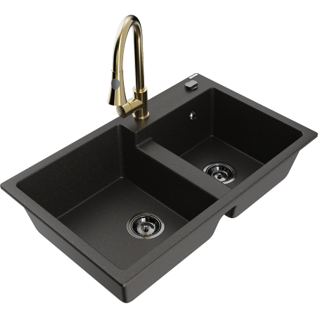 Mexen Tomas granitový dřez 2-komorový s kuchyňskou baterií Elia, černý/zlatý metalik - 6516-75-670101-50-B