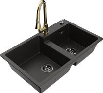 Mexen Tomas granitový dřez 2-komorový s kuchyňskou baterií Elia, černý/zlatý metalik - 6516-75-670101-50-B