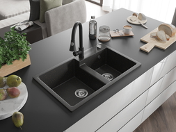 Mexen Tomas žulový dřez s 2 komorami a kuchyňskou baterií Elia, černý/zlatý metalický - 6516-75-670101-70