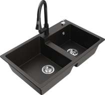 Mexen Tomas žulový dřez s 2 komorami a kuchyňskou baterií Elia, černý/zlatý metalický - 6516-75-670101-70