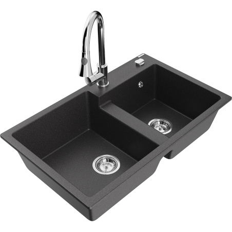 Mexen Tomas granitový dřez 2-komorový s kuchyňskou baterií Elia, černý skvrnitý - 6516-76-670101-00