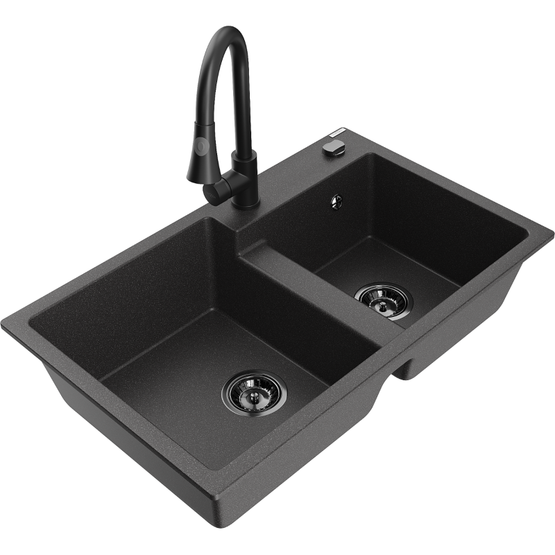 Mexen Tomas granitový dřez 2-komorový s kuchyňskou baterií Elia, černý skvrnitý - 6516-76-670101-70-B