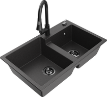 Mexen Tomas granitový dřez 2-komorový s kuchyňskou baterií Elia, černý skvrnitý - 6516-76-670101-70-B