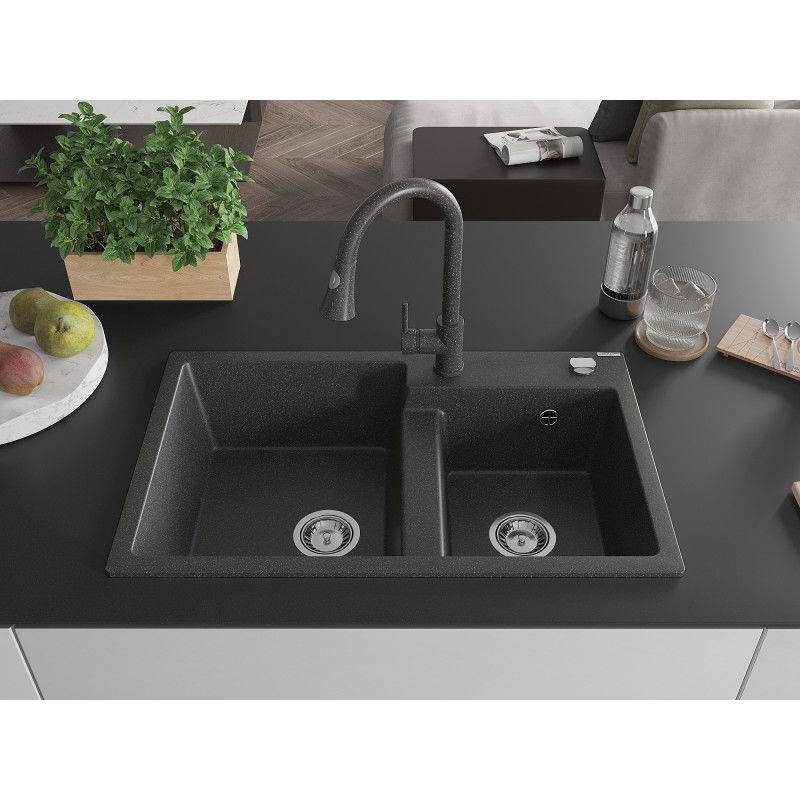 Mexen Tomas žulový dřez se 2 komorami s kuchyňskou vodovodní baterií Elia, černý tečkovaný - 6516-76-670101-76