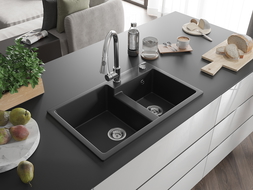 Mexen Tomas žulový dřez s 2 komorami a kuchyňskou baterií Elia, černý - 6516-77-670101-00