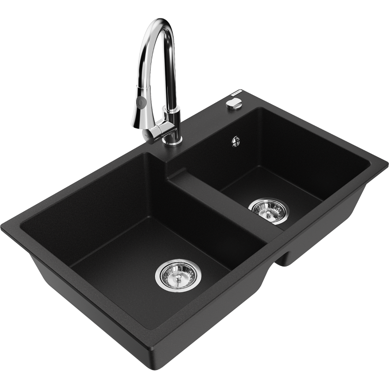 Mexen Tomas žulový dřez s 2 komorami a kuchyňskou baterií Elia, černý - 6516-77-670101-00