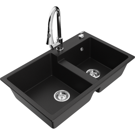 Mexen Tomas žulový dřez s 2 komorami a kuchyňskou baterií Elia, černý - 6516-77-670101-00