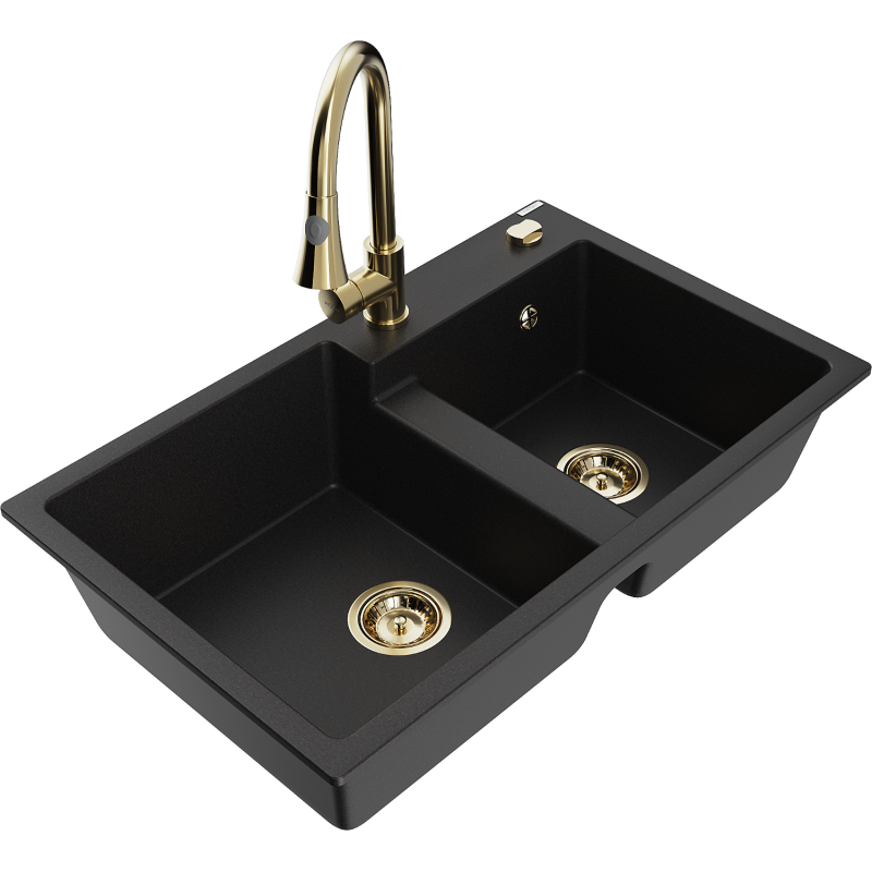 Mexen Tomas dvoukomorový granitový dřez s kuchyňskou baterií Elia, černý - 6516-77-670101-50
