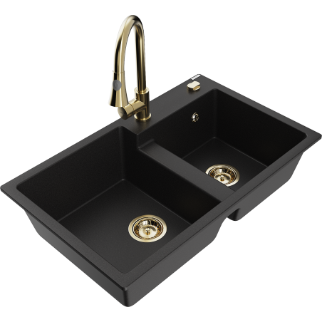Mexen Tomas dvoukomorový granitový dřez s kuchyňskou baterií Elia, černý - 6516-77-670101-50