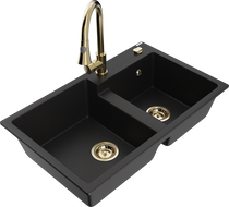 Mexen Tomas dvoukomorový granitový dřez s kuchyňskou baterií Elia, černý - 6516-77-670101-50