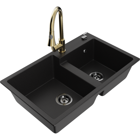 Mexen Tomas granitový dřez 2-komorový s kuchyňskou baterií Elia, černý - 6516-77-670101-50-B