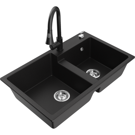 Mexen Tomas žulový dřez 2-komorový s kuchyňskou baterií Elia, černý - 6516-77-670101-70