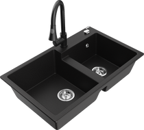Mexen Tomas žulový dřez 2-komorový s kuchyňskou baterií Elia, černý - 6516-77-670101-70