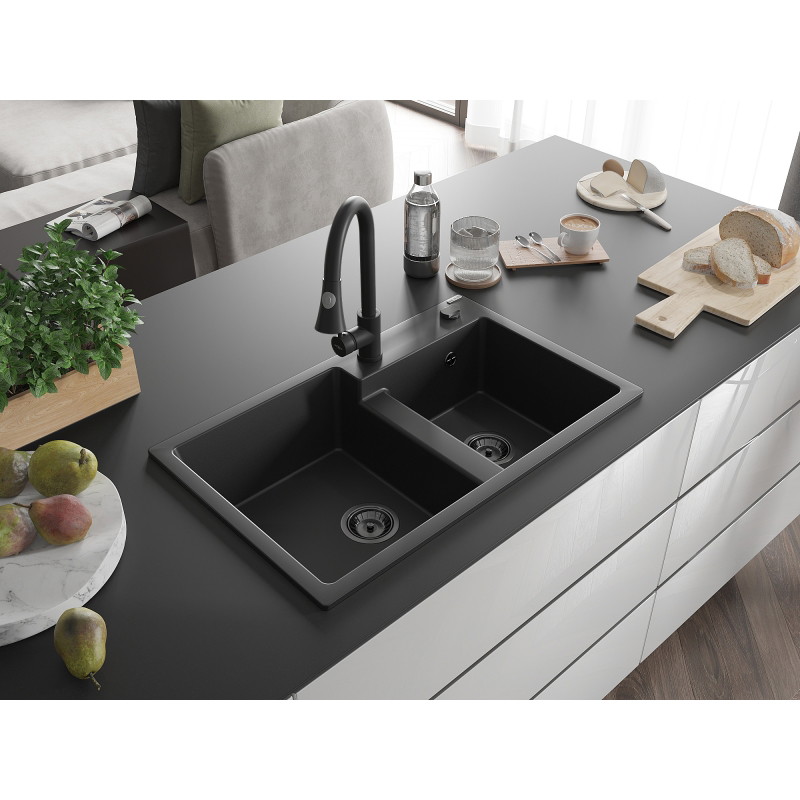 Mexen Tomas dřez z granitu dvoukomorový s kuchyňskou baterií Elia, černý - 6516-77-670101-70-B